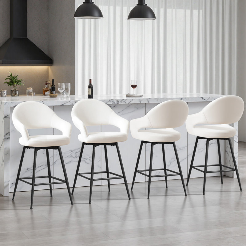 Tabouret de comptoir pivotant rembourré avec dossier incurvé et structure en métal (ensemble de 4), 4, Blanc