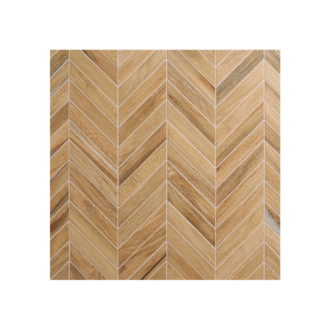 Light brown wood-look ceramic tile in a vertical herringbone pattern with natural grain variations.