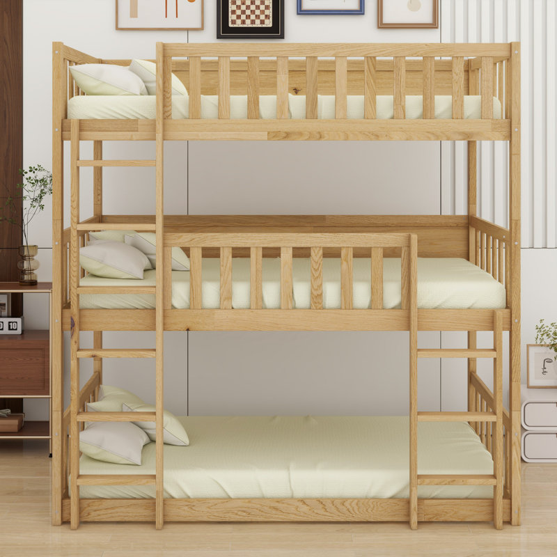 Triple Wood Bunk Bed, With Ladders, Guardrails, White Oak