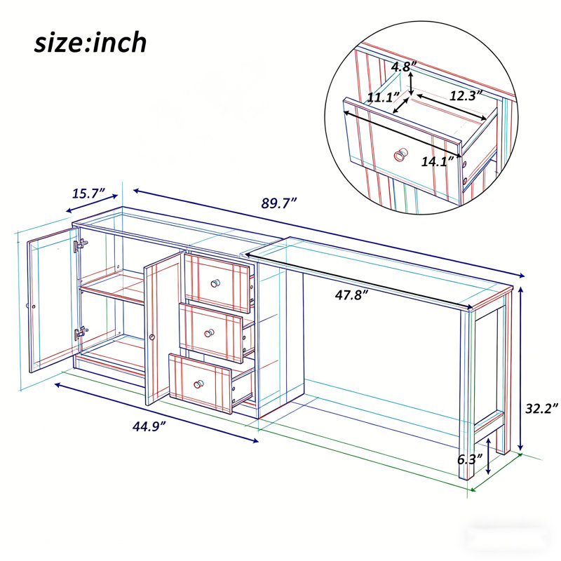 89.7'' Wooden Extendable Sideboard With 2 Doors & 3 Drawers, Multifunctional Storage Cabinet, Black