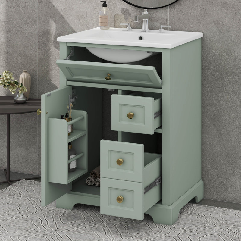 Meuble-lavabo de salle de bain avec lavabo 24 po, tiroir coulissant et support de porte, tablette réglable, tiroirs et porte à fermeture en douceur