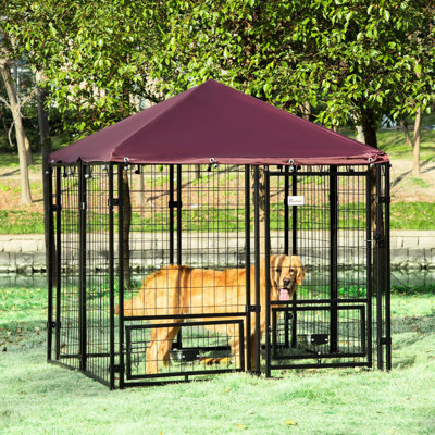 Outdoor Dog Kennel 5' X - Steel, Water- Canopy, Rotating Bowl Holders For Dogs, Walk-in, Red And Black Pet Fence Holders,