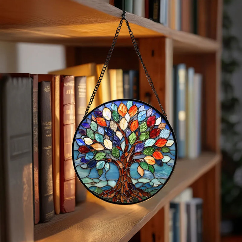 Arbre de vie en verre teinté Suncatcher suspendu, panneau de verre coloré décor de capteur de soleil avec chaîne pour la maison et la fenêtre