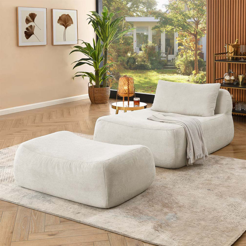 Fauteuil à billes en chenille avec repose-pieds en tissu, sans assemblage requis, Beige