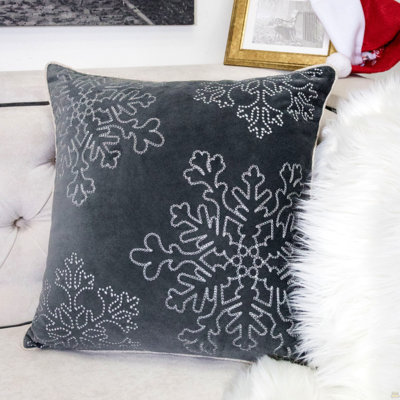 Velvet Holiday Throw Pillow 20X20 With Silver Snowflake Embroidery And Insert Set Of 2