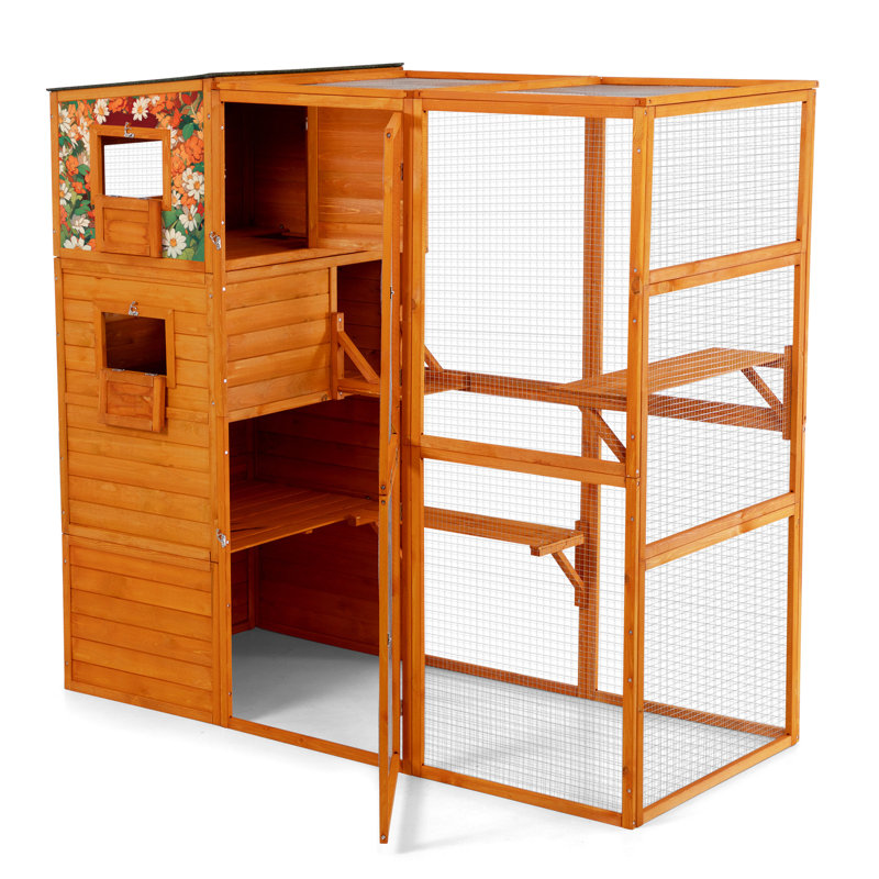 Chat d'extérieur de 70 po de hauteur, 4 conceptions avec fenêtres en filet, 2 salles de repos, plateformes, abri, motifs colorés oranges pour animaux de compagnie