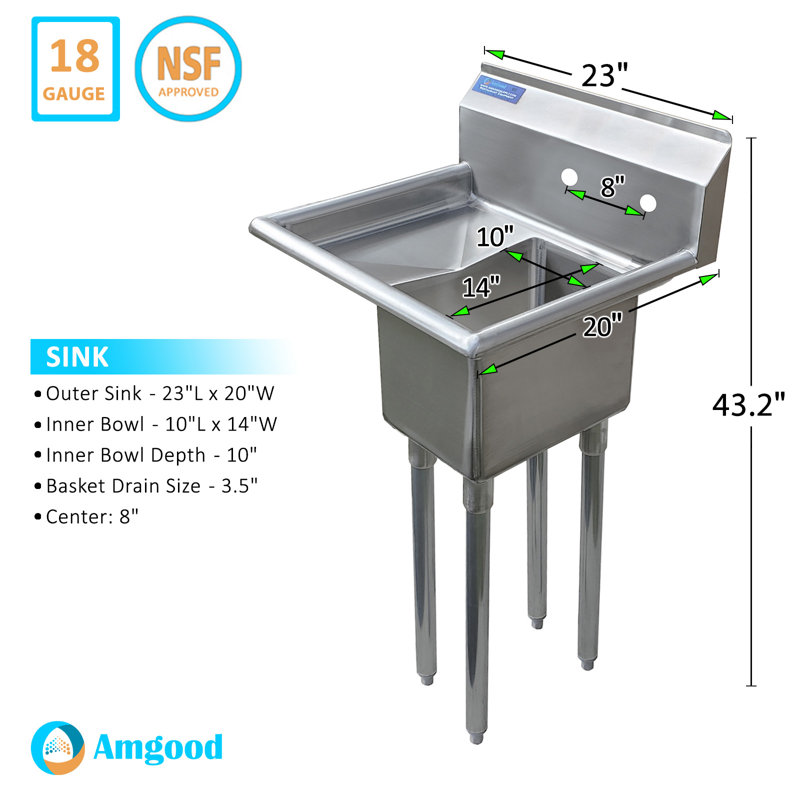 Évier à un compartiment en acier inoxydable 23 po x 20 po avec cuve de 14 po x 10 po et égouttoir à gauche 10 po