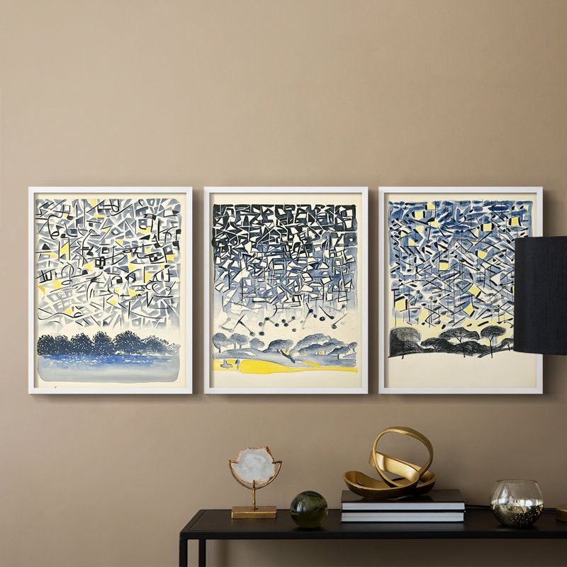 Abstract  Series  CXCII  -Set Of 3 Framed Giclee Prints -Ready to Hang, 14" H x 33" W, White