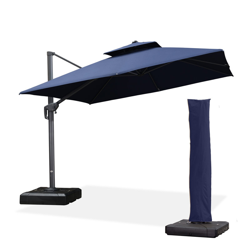 10' Square Cantilever Umbrella with Base and Umbrella Cover with Zipper, Navy