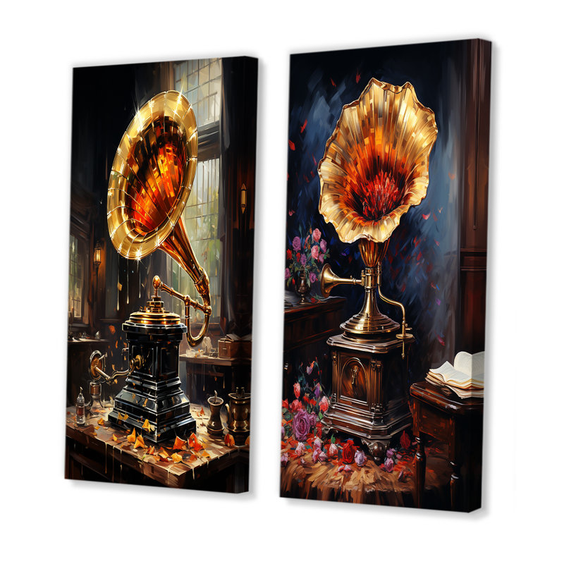 «Gold Phonographs Elegance I», ensemble de 2 reproductions d'art sur toile, Toile tendue, H 28 po x l 25 po