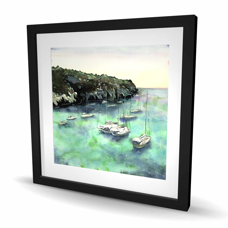 Bateaux à cala Macarella - décor exotique encadré avec passe-partout, H 24 po x l 24 po, Noir