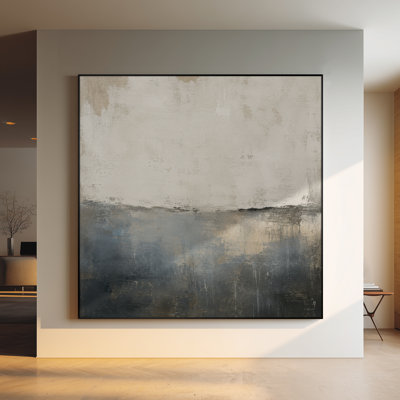 Extra Large Wall Art Fabric Print - Soft Atmospheric Horizon Landscape with Misty Sky Cream Tones and Dark Ground Reflection Calm Minimal Zen Inspired Scene for Living Room or Bedroom - "Frame Assembly Required (Unfinished Frame)"