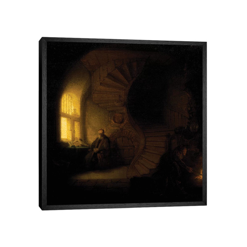 A Philosopher In Meditation by Rembrandt Van Rijn - Painting on Canvas, Black Framed, 45.72cm H x 45.72cm W x 3.81cm D
