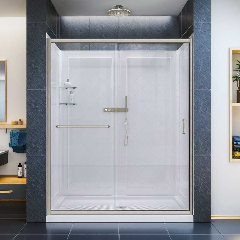 Infinity-Z 60" W x 36" D x 76.75" H Semi-Frameless Rectangle Shower Enclosure with Towel Bar, Clear Glass, Center