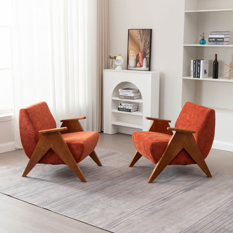 Upholstered Armchair with Wooden Legs (Set Of 2), Orange