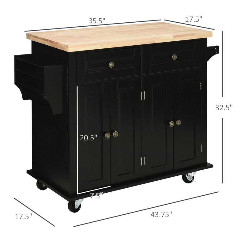 Kitchen Island Cart On Wheels, Black, Features Rubberwood Top, Spice Rack, Towel Rack And Concealed Storage With - Black. Keep Your Organized 2 Drawers & Cabinets. Top Workspace. Adjustable Shelves.