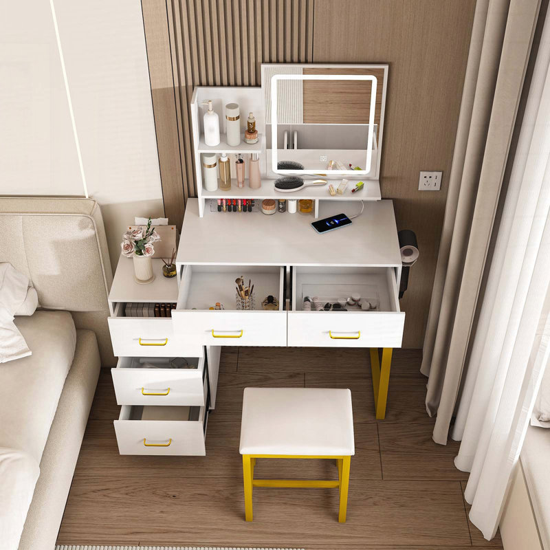 Coiffeuse de maquillage avec lumières DEL, prise de courant et 5 tiroirs