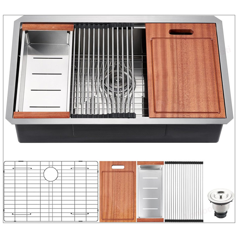 32 x 18 Inch Undermount Workstation Sink, Durable Stainless Steel Single Bowl Kitchen Sink with Accessories