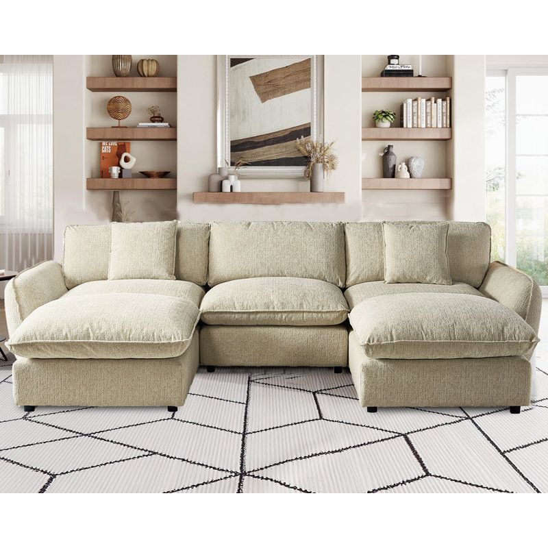 U-Shaped Modular Sectional With Ottoman, Light Brown Polyester Blend