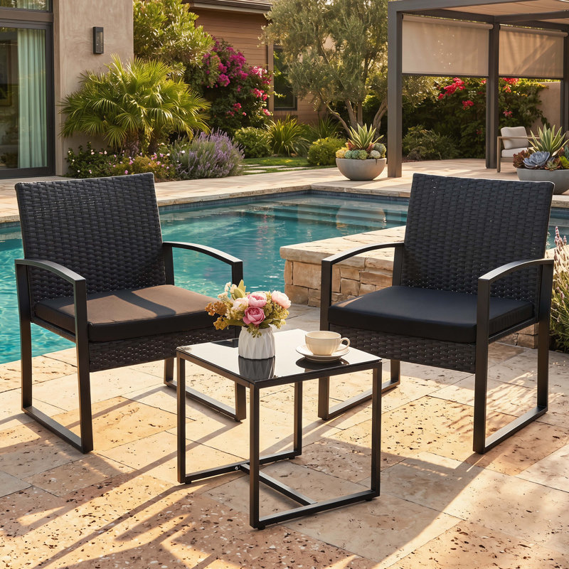 3 Piece Wicker Patio Bistro Set with Coffee Table, Outdoor Rattan Conversation Set for Balcony Porch Garden Yard Poolside