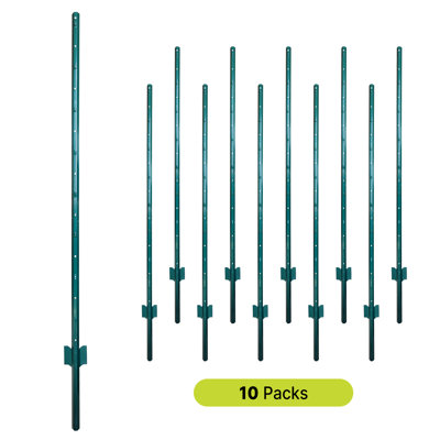 10 Pack Metal Fence Post Heavy Duty Fencing Border Sign Post for Outdoor Garden Yard Farm Animal Barrier Green, 5ft