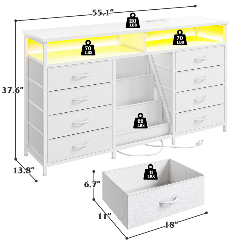 55"w Bookrack Media Dresser With Led Lights & Power Outlets - 8-drawer Fabric Storage Cabinet For Bedroom/living Room, 55.1" Wx13.8" Dx37.8" H					