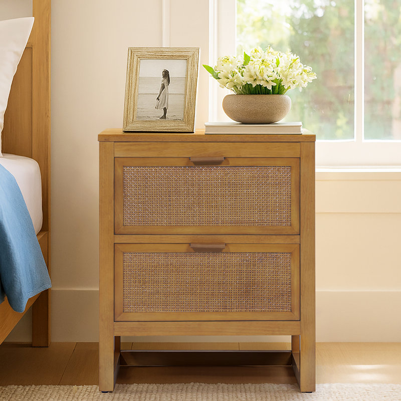 Ameer Medern Boho Solid Wood Nightstand with 2 Deep Drawers, Rattan Inlay For Bedroom Organization & Storage, Natural