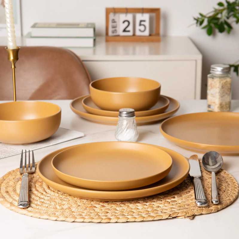 Service de table 12 pièces en grès avec tasses - va au micro-ondes et au lave-vaisselle, empilable, non toxique - service pour 3