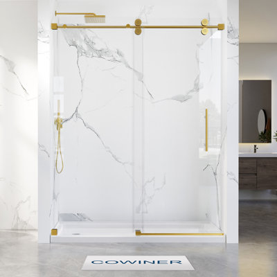 Porte de douche coulissante simple sans cadre de 66 à 72 po x H 76 po en or brossé avec verre trempé transparent de 8 10 mm 3/ de 3/8 po