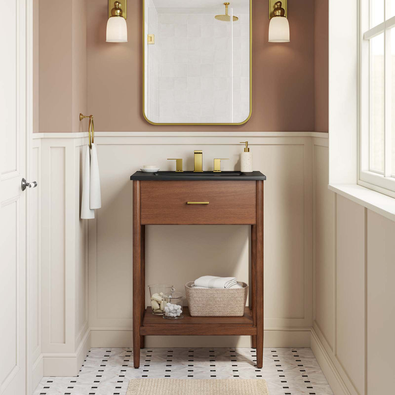 Meuble-lavabo simple 24 po avec plateau en céramique Modway Zaire, Noyer, Noir