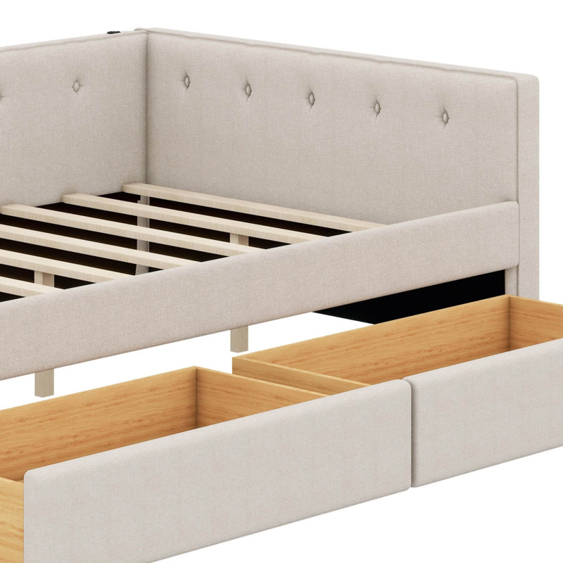 Un lit plateforme avec une structure rembourrée et des ports USB intégrés pour une recharge pratique., Double
