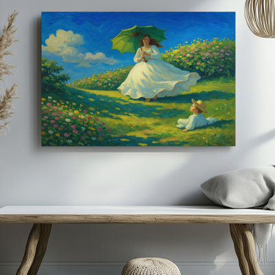«Woman with Green Umbrella And Child In Hat On Sunny Flower Hill», reproduction d'art sur toile pour le salon, la chambre à coucher, le bureau, le couloir, le vestibule, le mur de la galerie et la décoration intérieure moderne