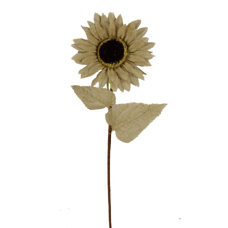 Tige de tournesol en toile de jute avec 2 feuilles, Naturel