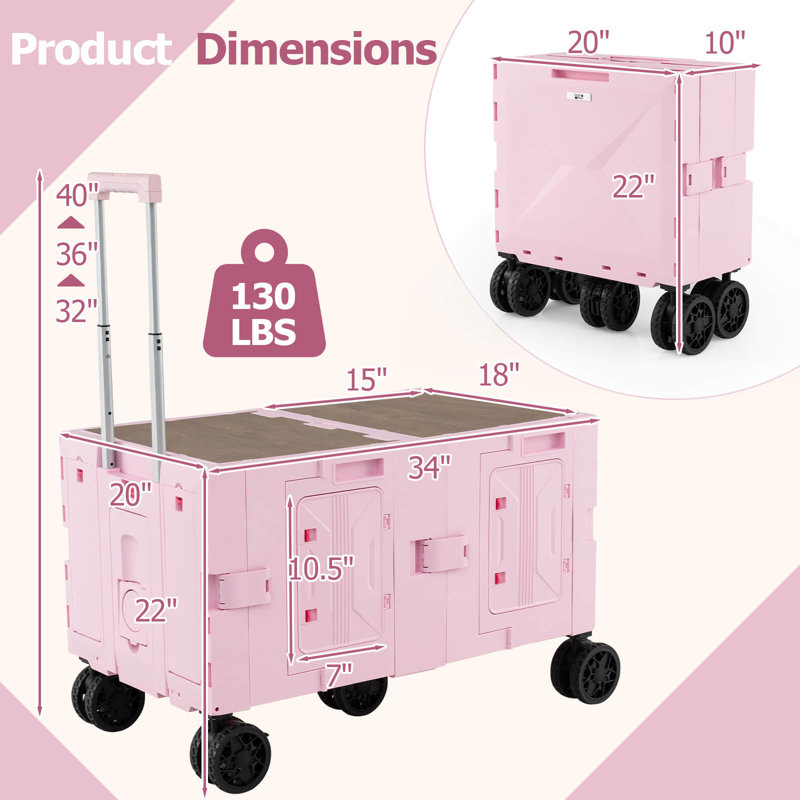 Large Foldable Utility Cart with  2-Tier Storage Crates 5 Rotate Wheels Metal Pink, Pink