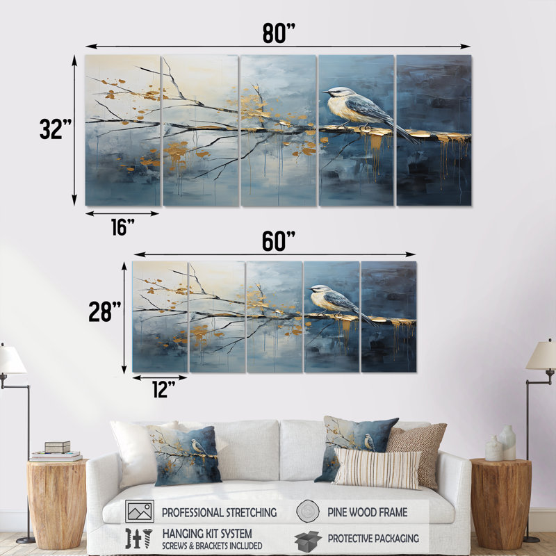 Art mural doré et bleu Bloom Springtime II - Bird Tree, 5 pièces pour le salon, H 28 po x l 60 po