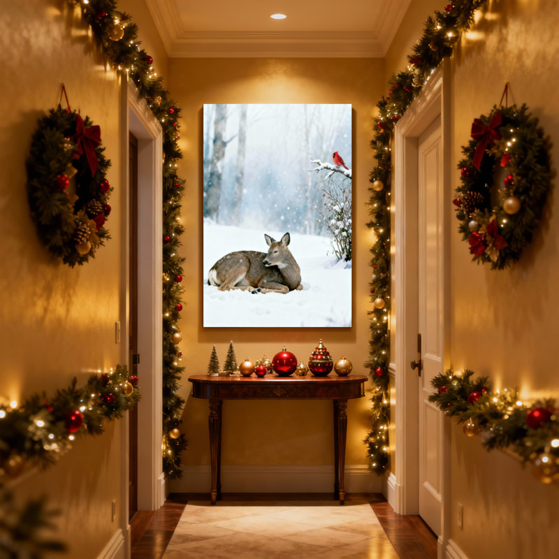 Cerf de Noël se reposant dans la neige avec cardinal perché, ensemble de 3 impressions sur toile, H 18 po x l 12 po