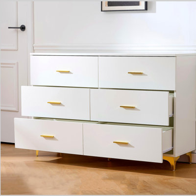 Commode blanche à 6 tiroirs avec poignées dorées et pieds en métal, espace de rangement profond, commode moderne, meuble télé en bois pour meuble télé, salon, couloir, entrée