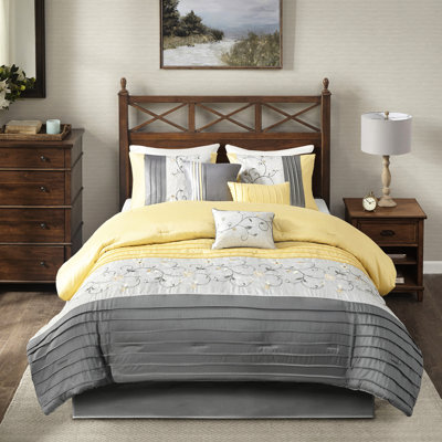 Édredon Serene jaune très grand 7 pièces, brodé, édredon, taies décoratives, coussins, jupe de lit, pièce lavable et luxueuse