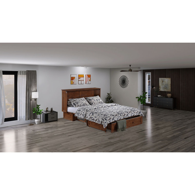 Queen Size Murphy Bed Cabinet with Storage & Charging Ports, Light Brown