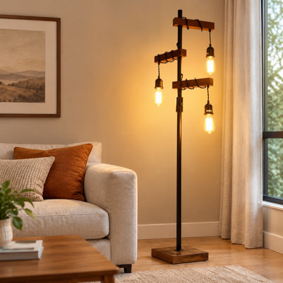 Lampadaire industriel en bois noir et naturel de 173 cm (68 po) avec trois lumières et variateur