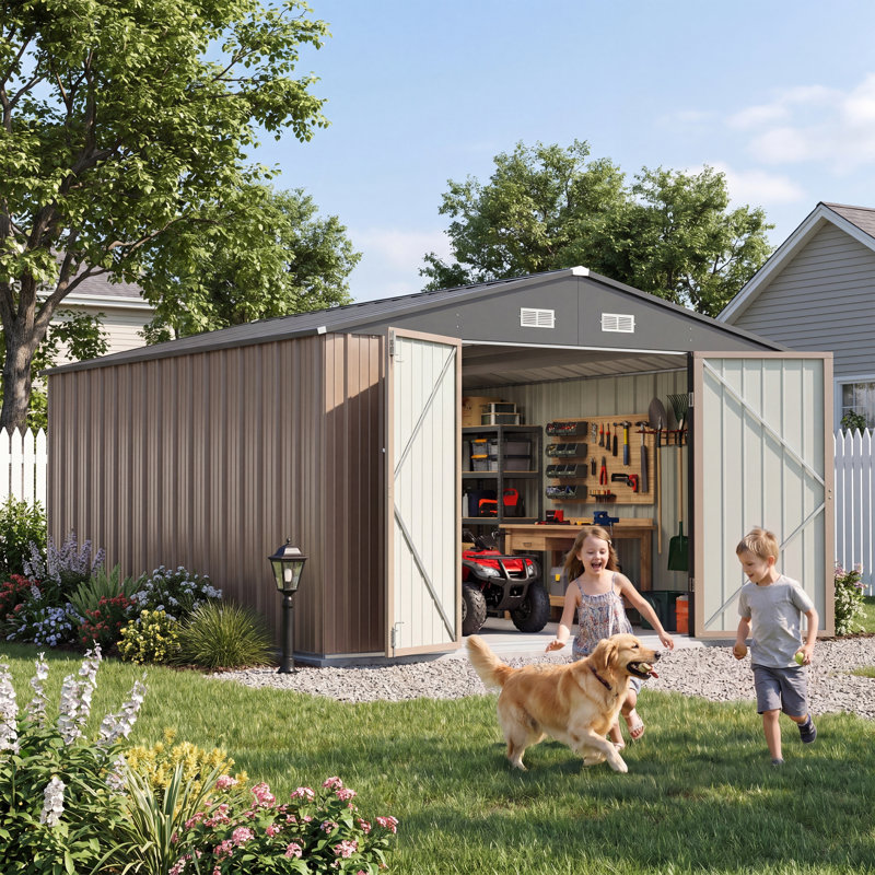 10 pi. L 12 pi. D Remise extérieure en métal résistante aux intempéries avec portes verrouillables et ventilation pour patio