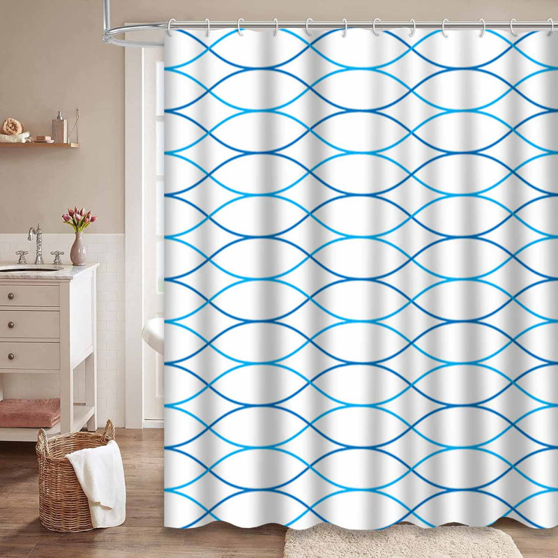 Rideau de douche sans soudure à vagues ondulées géométriques bleu avec 12 crochets, L 72 po x l 84 po