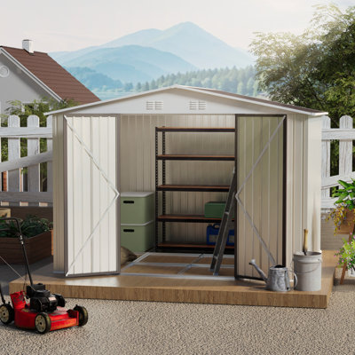 Abri de jardin 10 pi x 8 pi blanc crème avec cadre en alliage d'aluminium, porte à charnière, fondation et ventilation pour le rangement de gros outils dans un bâtiment de pièce de construction, porte à cadre