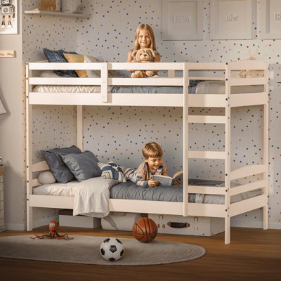 Bunk Bed Twin Over Twin,  Pine Solid Wood Detachable Bed Frame With High Guardrails & Integrated Ladder, Wooden Slatted Bunk Bed For Teens & Adult, No Box Spring Needed, White