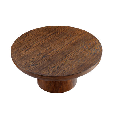35.98" Round Wood Veneer Coffee Table With Cylindrical Legs, Brown Sofa Side Table