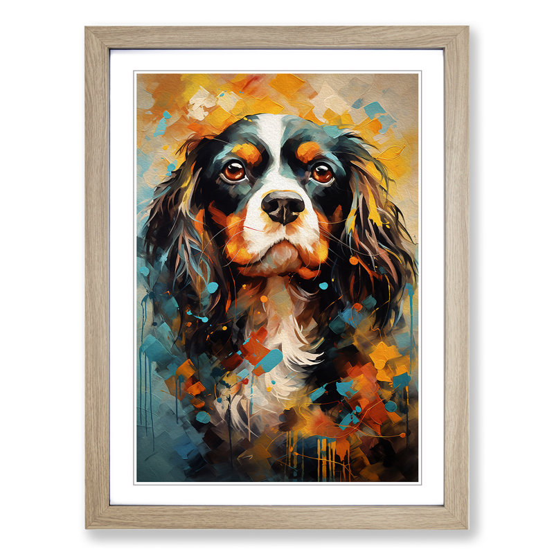 Cavalier King Charles Spaniel Modern - Single Picture Frame Print on Wood, Oak Framed, 46cm H x 34cm W x 2cm D