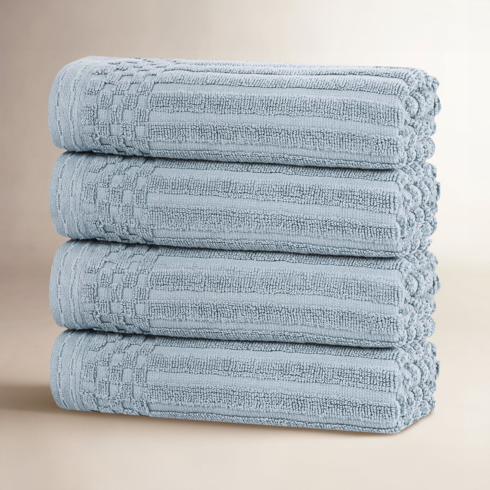 Checkered Border Cotton Hand Towel Set, Slate Blue