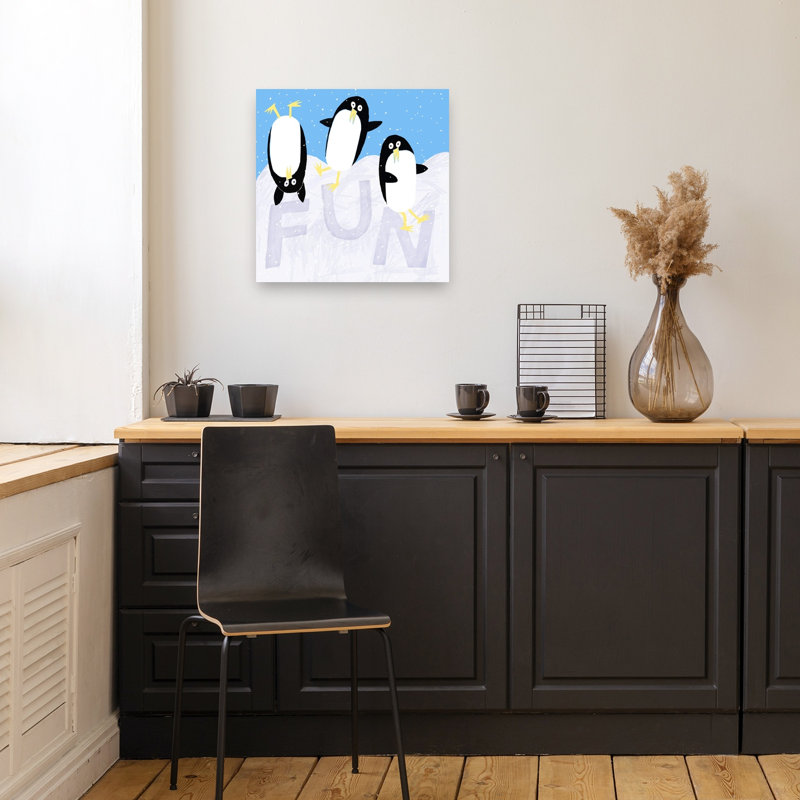Penguins Having Fun Playful Abstract Contemporary Penguin Landscape Winter Wall Art Print by Carla Daly - Wrapped Canvas Print
