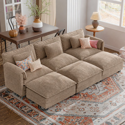 6-Piece 116'' Comfy Cloud Modular Sectional Sofa With Deep Seat, 3-Seat Sofa With Removable Ottomans-Chenille Fabric-Brown