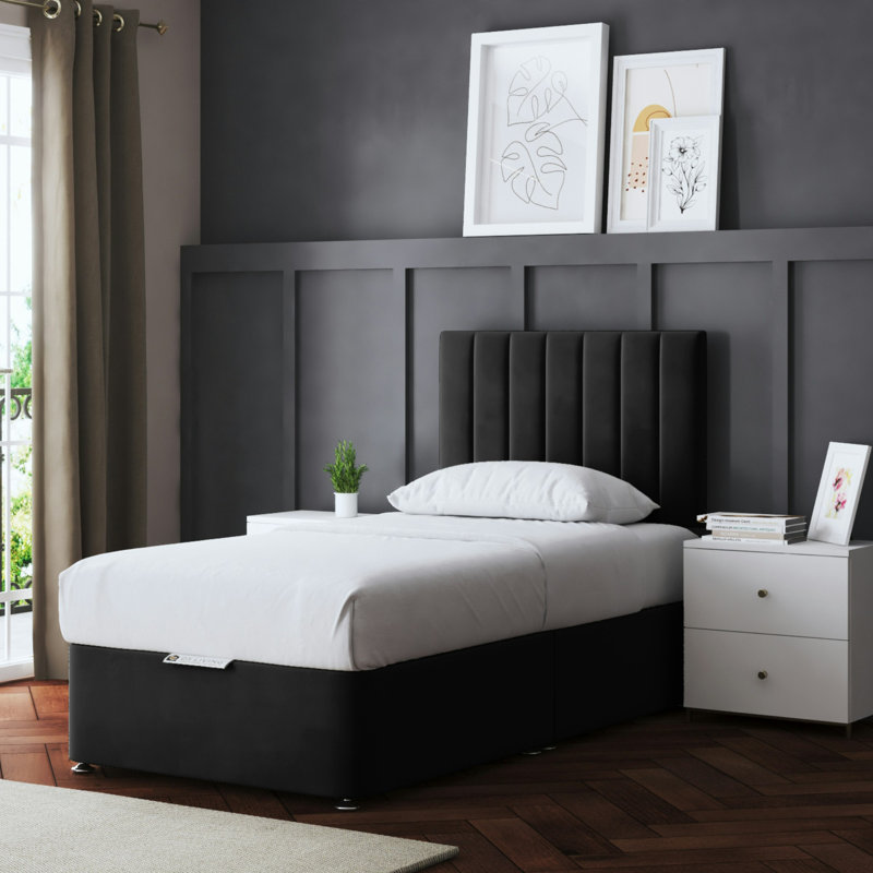  Upholstered Panel Divan Bed with Headboard, Black, Single (3')